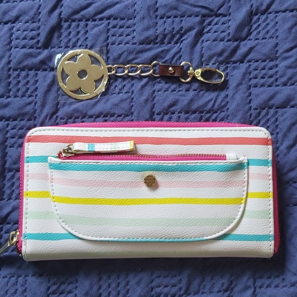 Rainbow Striped Zip Around Wallet Keychain Set Pink Yellow Blue Pastel Kidcore